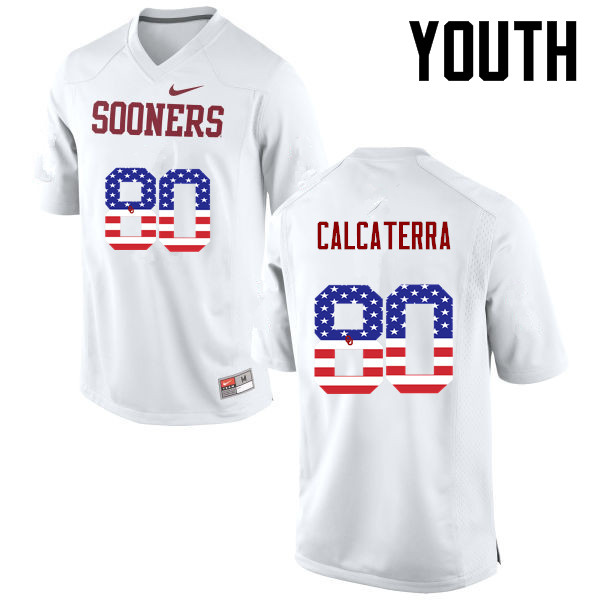 Youth Oklahoma Sooners #80 Grant Calcaterra College Football USA Flag Fashion Jerseys-White - Click Image to Close